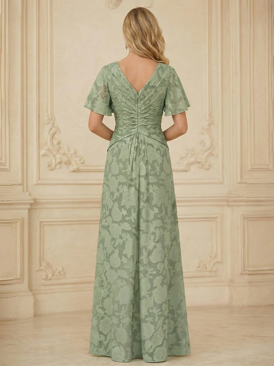 A Line V Neck Short Sleeve Floral Chiffon Ruched Mother of the Bride Dresses