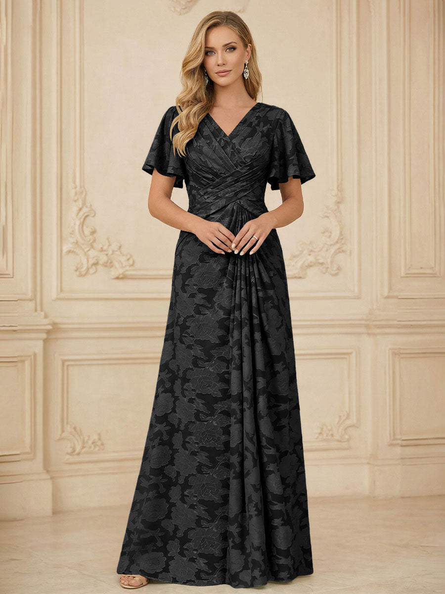 A Line V Neck Short Sleeve Floral Chiffon Ruched Mother of the Bride Dresses