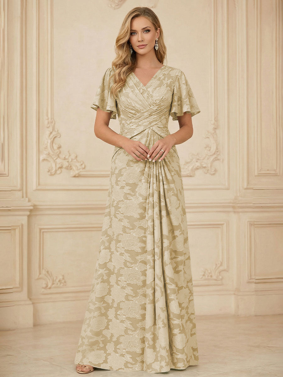 A Line V Neck Short Sleeve Floral Chiffon Ruched Mother of the Bride Dresses