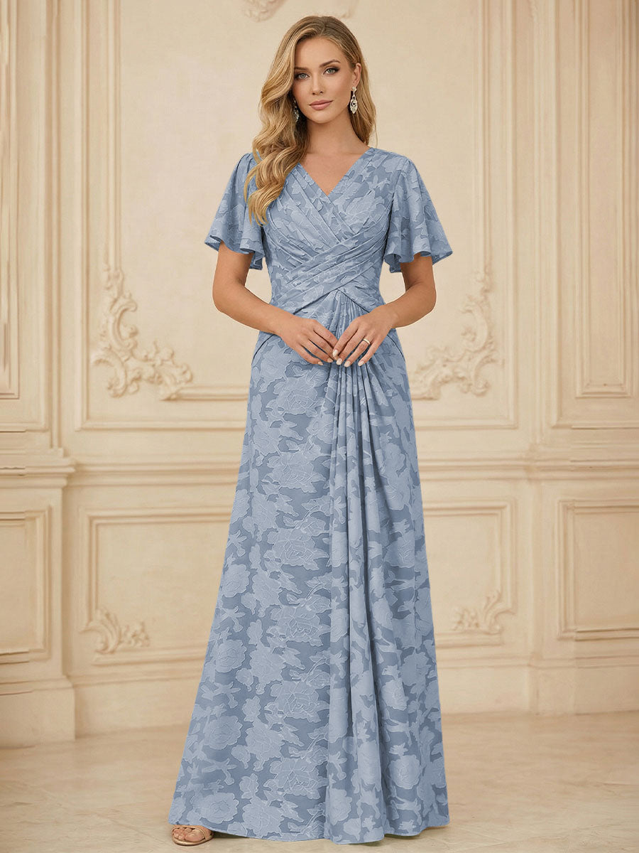 A Line V Neck Short Sleeve Floral Chiffon Ruched Mother of the Bride Dresses
