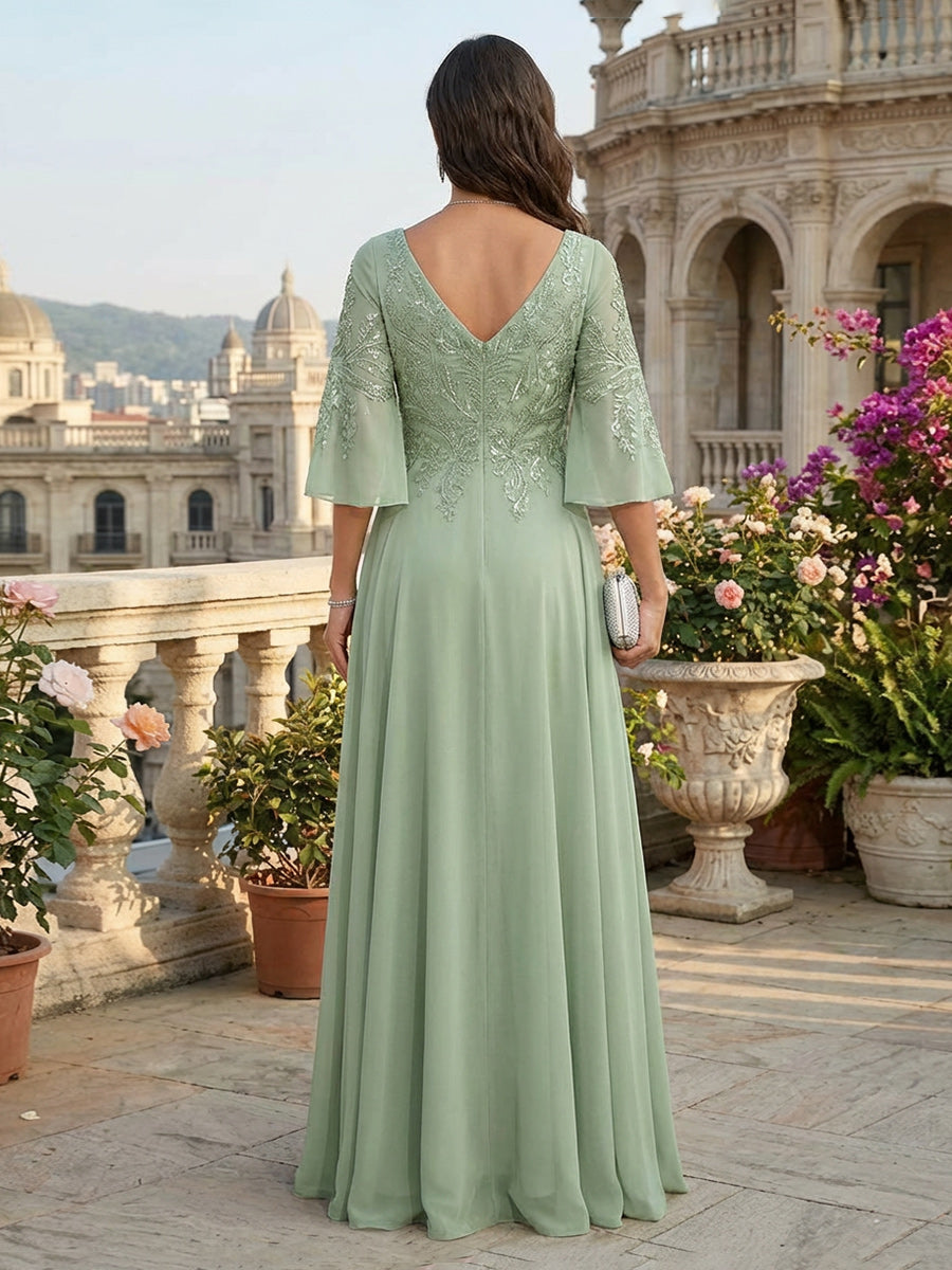 A-Line Chiffon 3/4 Flutter Sleeves Mother of the Bride & Groom Dresses with Beaded Lace Embroidered Bodice
