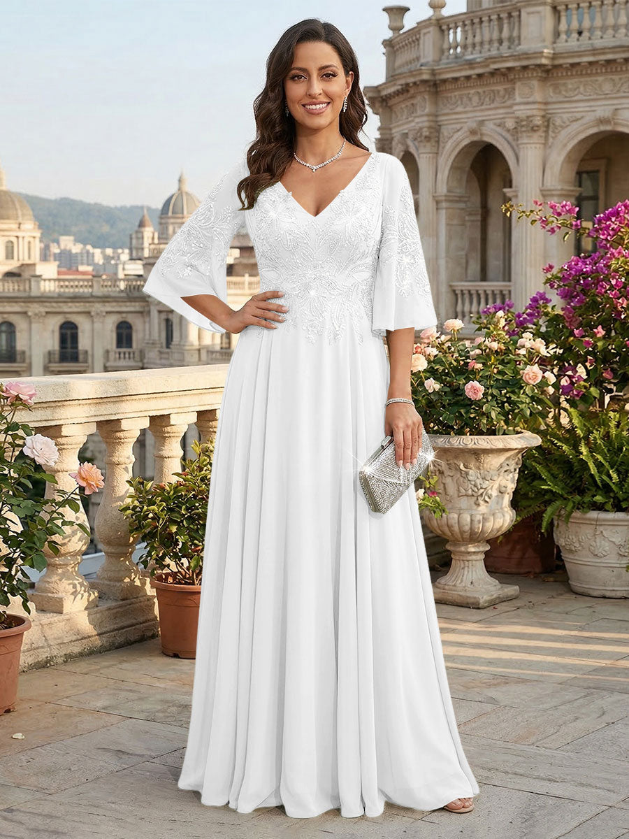 A-Line Chiffon 3/4 Flutter Sleeves Mother of the Bride & Groom Dresses with Beaded Lace Embroidered Bodice