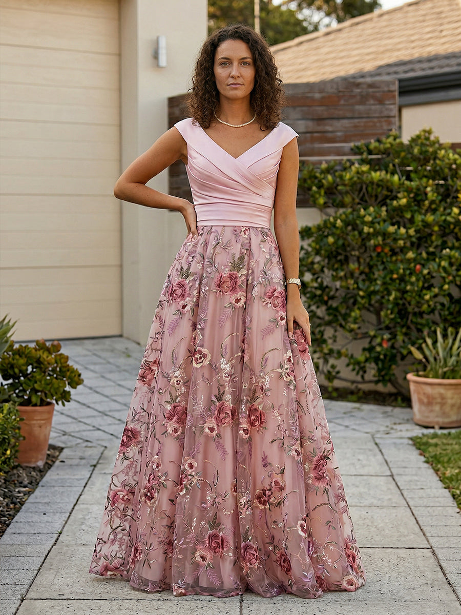 A-Line Floral Jacquard Floor-Length Mother of the Bride & Groom Dresses with Ruched Satin Bodice
