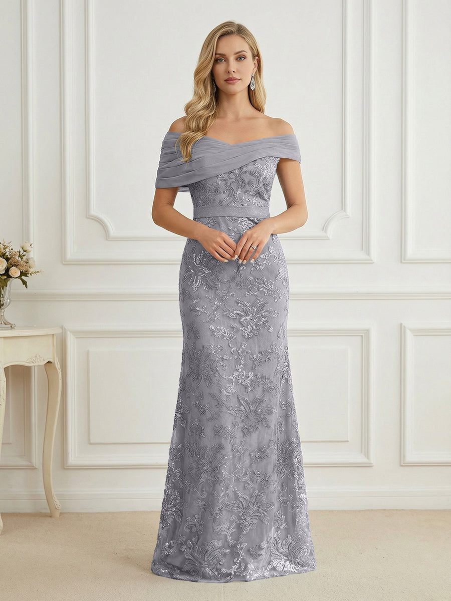 Mermaid Off Shoulder Short Sleeve Long Elegant Mother of the Bride Dresses with Sequin