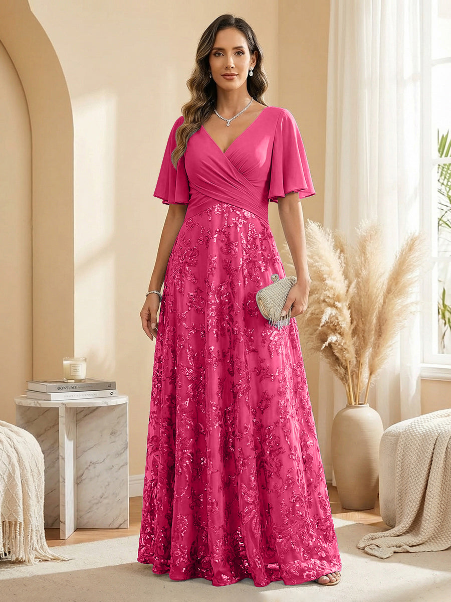 Champagne V-Neck Flutter Sleeve Chiffon & Lace Maxi Dress
