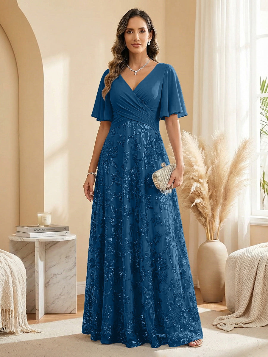 Champagne V-Neck Flutter Sleeve Chiffon & Lace Maxi Dress
