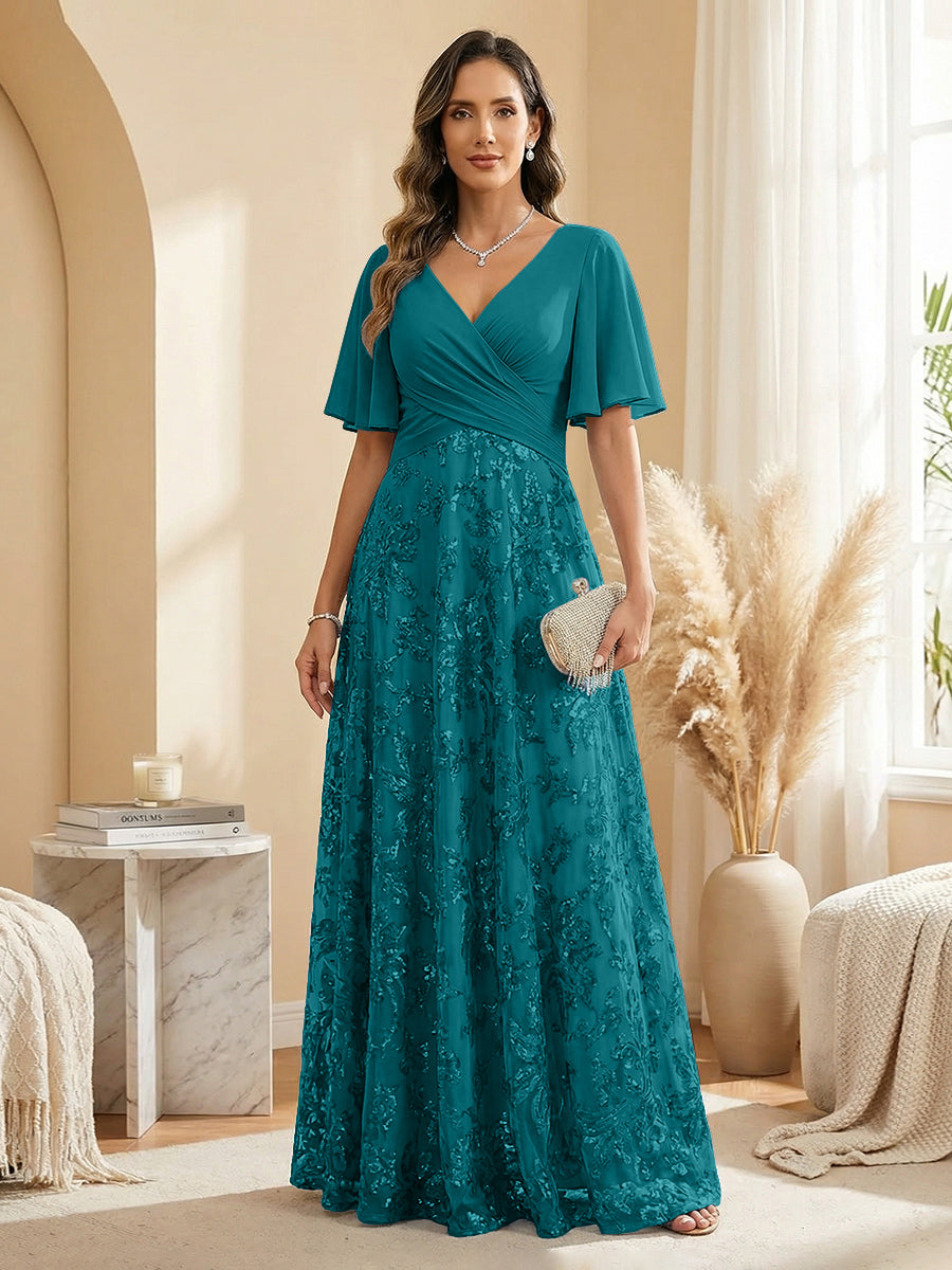 Champagne V-Neck Flutter Sleeve Chiffon & Lace Maxi Dress