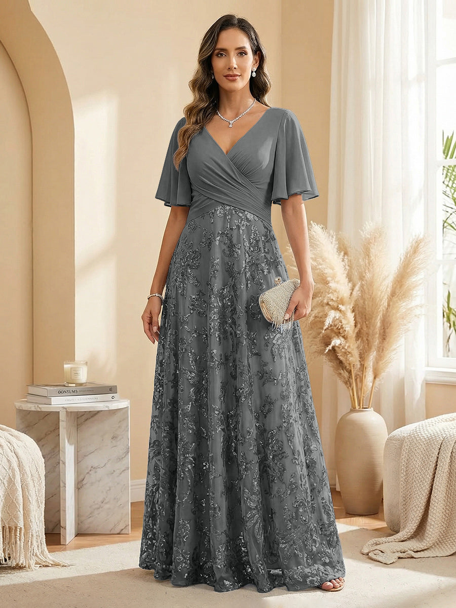 Champagne V-Neck Flutter Sleeve Chiffon & Lace Maxi Dress