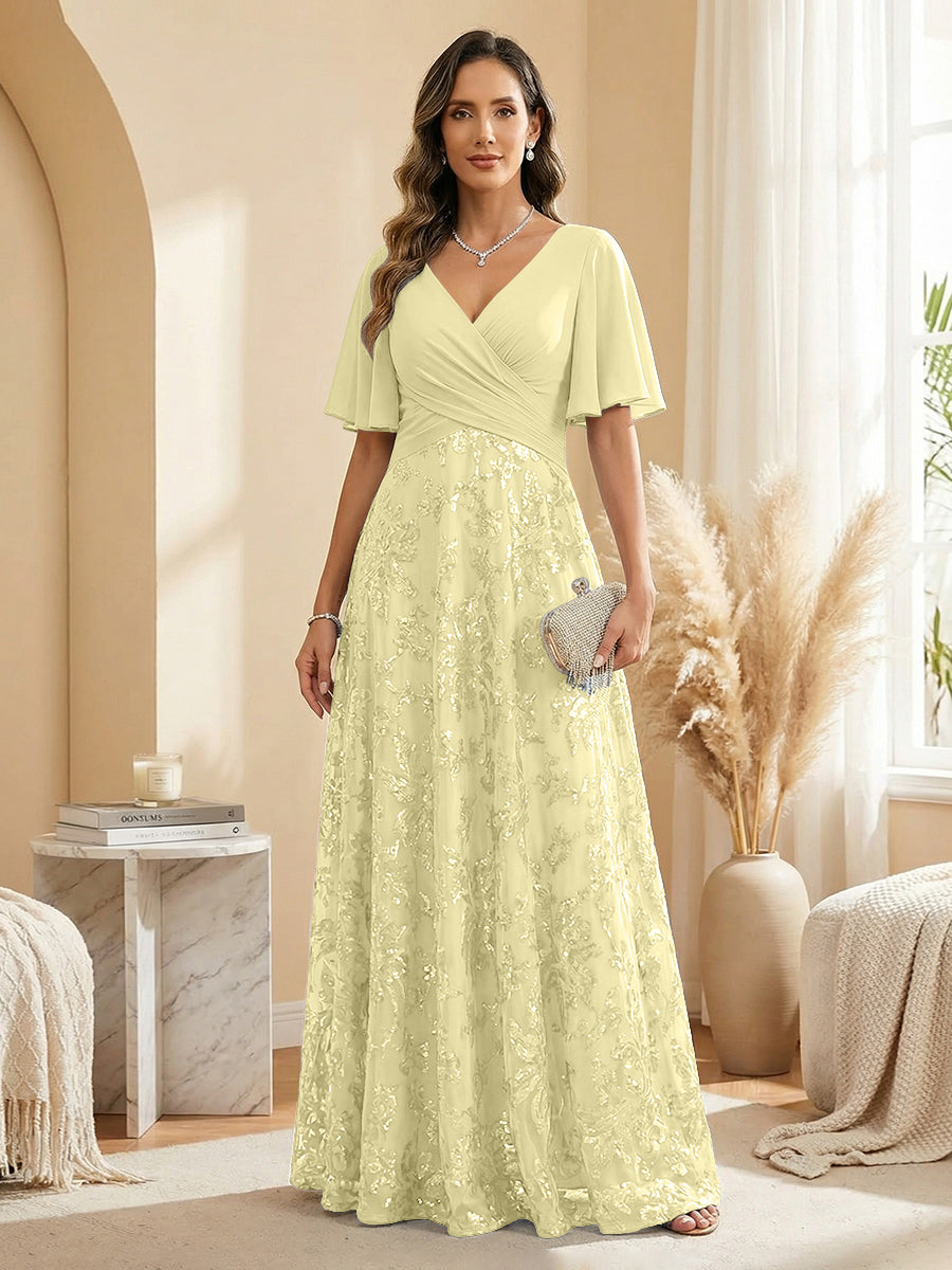 Champagne V-Neck Flutter Sleeve Chiffon & Lace Maxi Dress