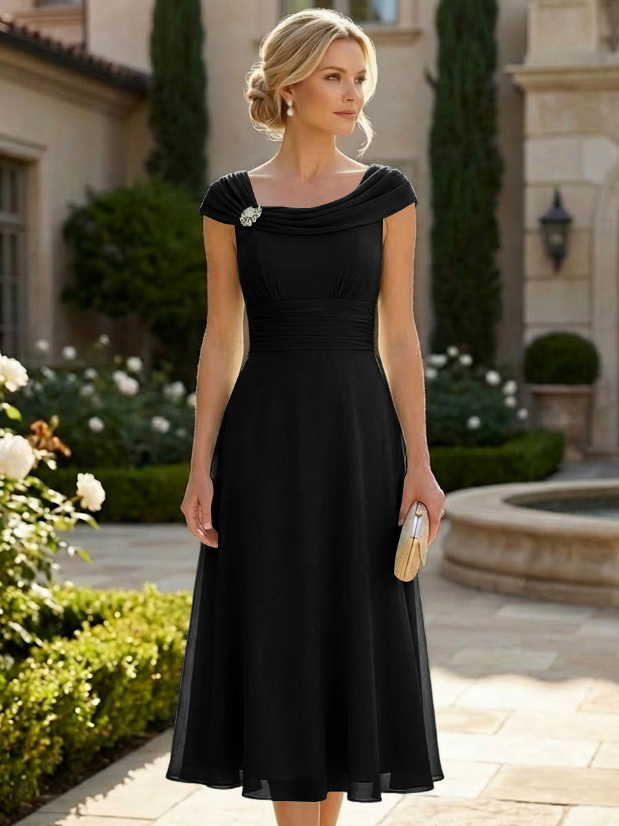 Lightweight Sheath Tea-Length Chiffon Mother of the Bride & Groom Dresses with Cowl Neck & Ruched Waist