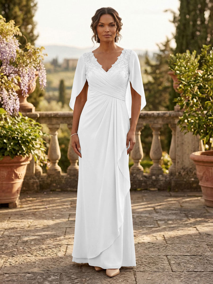 A-Line Chiffon Cape Sleeves Floor-Length Mother of the Bride & Groom Dresses with Ruched Waist
