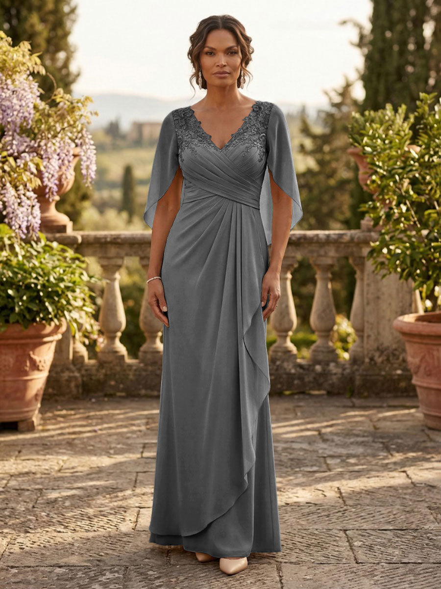 A-Line Chiffon Cape Sleeves Floor-Length Mother of the Bride & Groom Dresses with Ruched Waist