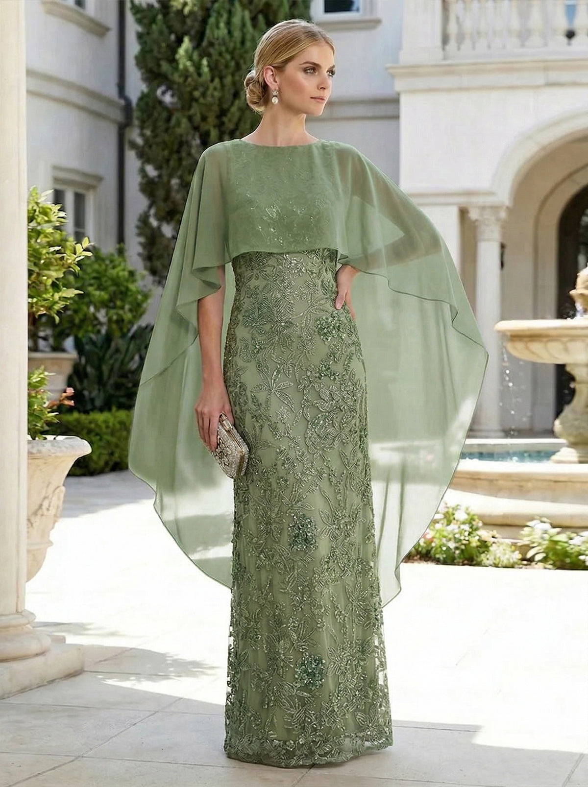Sheath 3D Floral Embellished Lace Floor-Length Mother of the Bride & Groom Dresses with Chiffon Capelet Sleeves