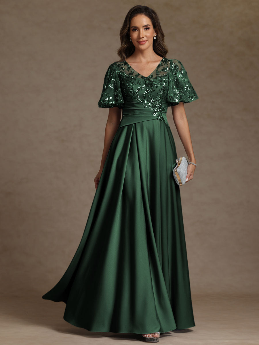 A-Line/Princess V-Neck Illusion Pleated Satin Floor-Length Mother of the Bride Dresses with Sequins