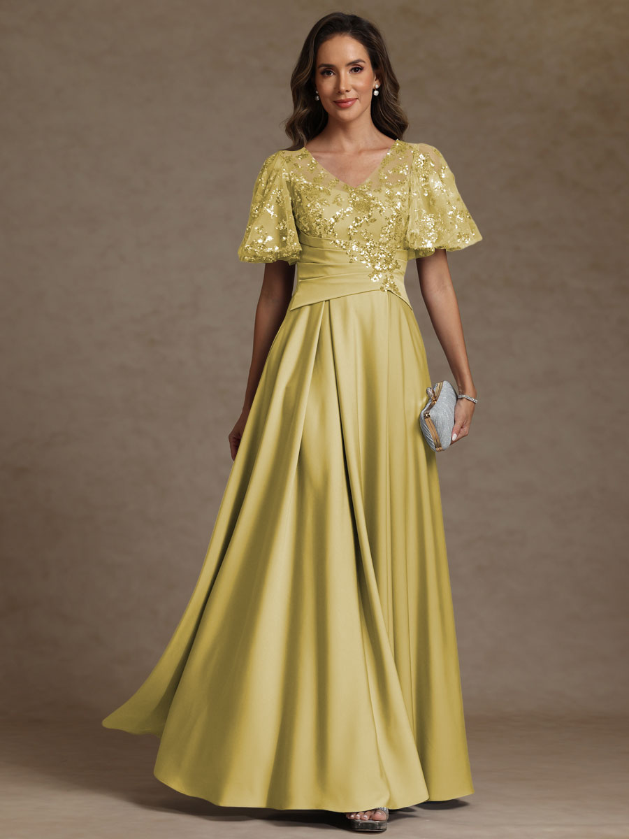 A-Line/Princess V-Neck Illusion Pleated Satin Floor-Length Mother of the Bride Dresses with Sequins