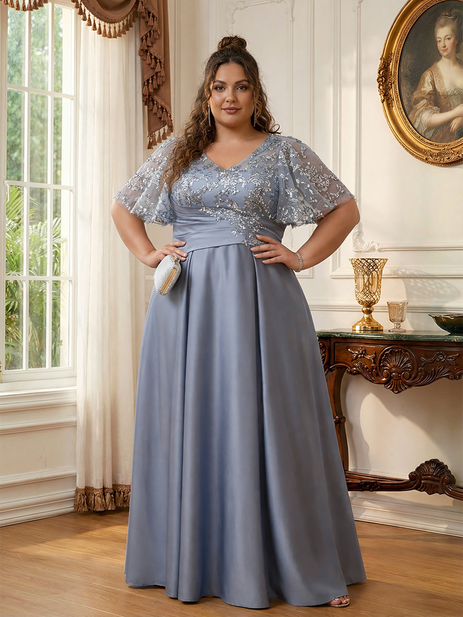 A-Line/Princess V-Neck Illusion Pleated Satin Floor-Length Mother of the Bride Dresses with Sequins