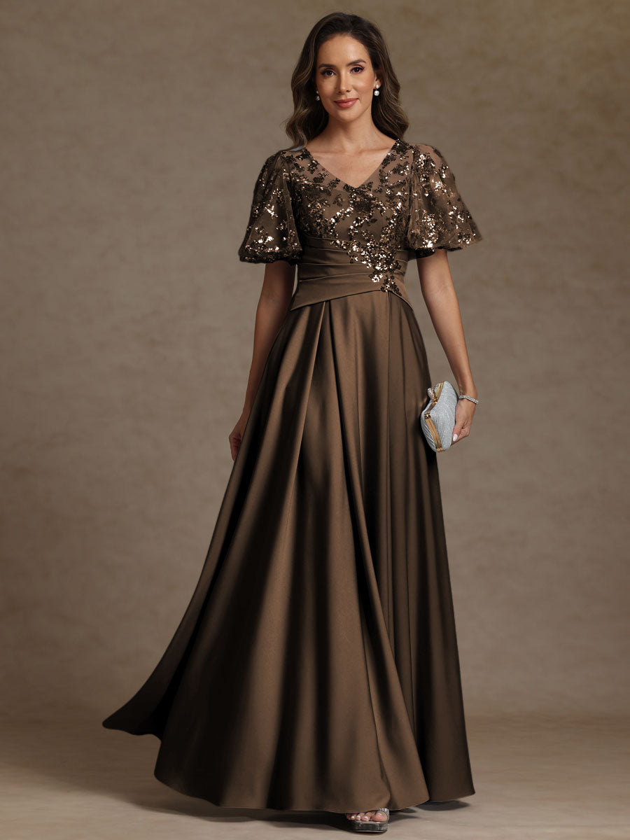 A-Line/Princess V-Neck Illusion Pleated Satin Floor-Length Mother of the Bride Dresses with Sequins