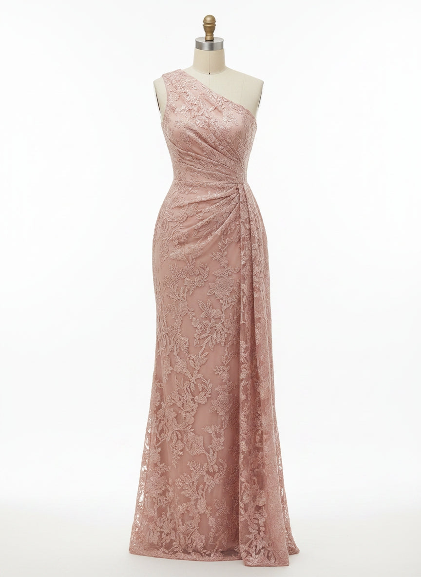 Sheath/Column Floral Lace Embroidered One Shoulder Evening Dresses Floor-Length Formal Gowns with Ruched Waist & Side Train