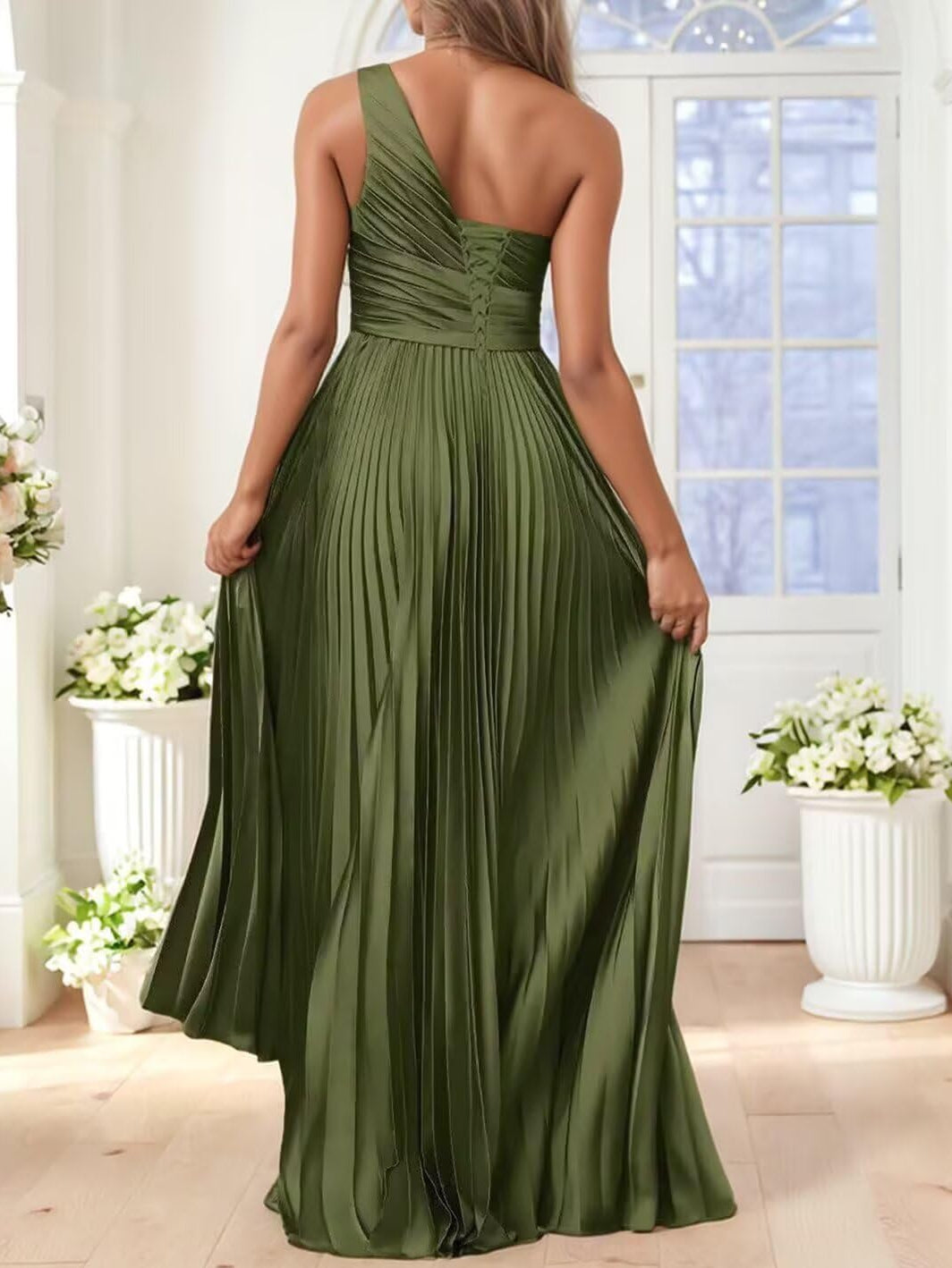 A-Line/Princess One Shoulder Pleated Satin Floor-Length Formal Dresses with Ruffle