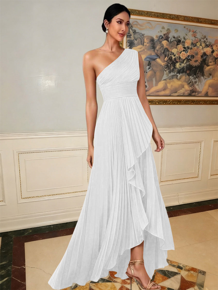 A-Line/Princess One Shoulder Pleated Satin Floor-Length Formal Dresses with Ruffle