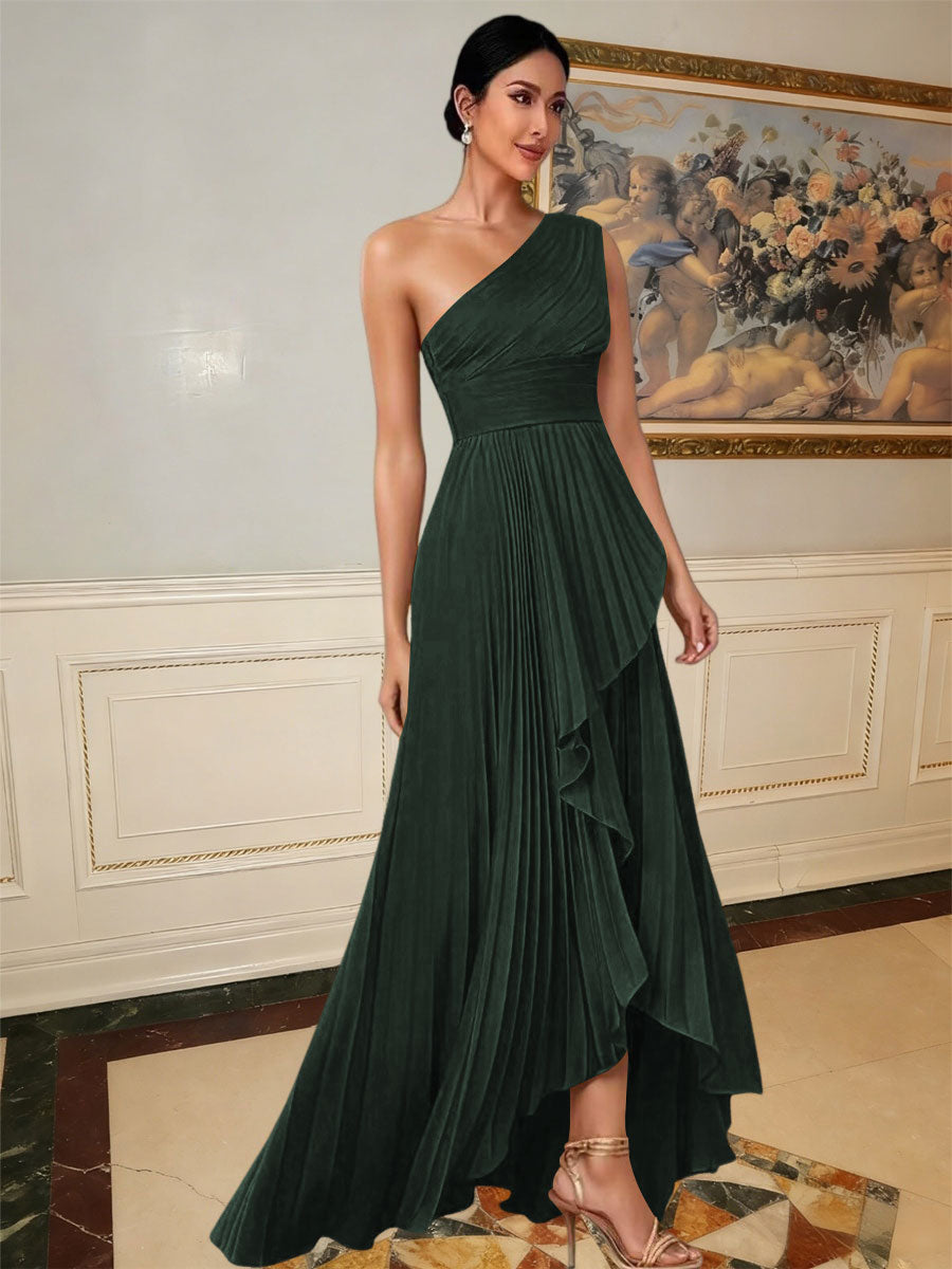 A-Line/Princess One Shoulder Pleated Satin Floor-Length Formal Dresses with Ruffle