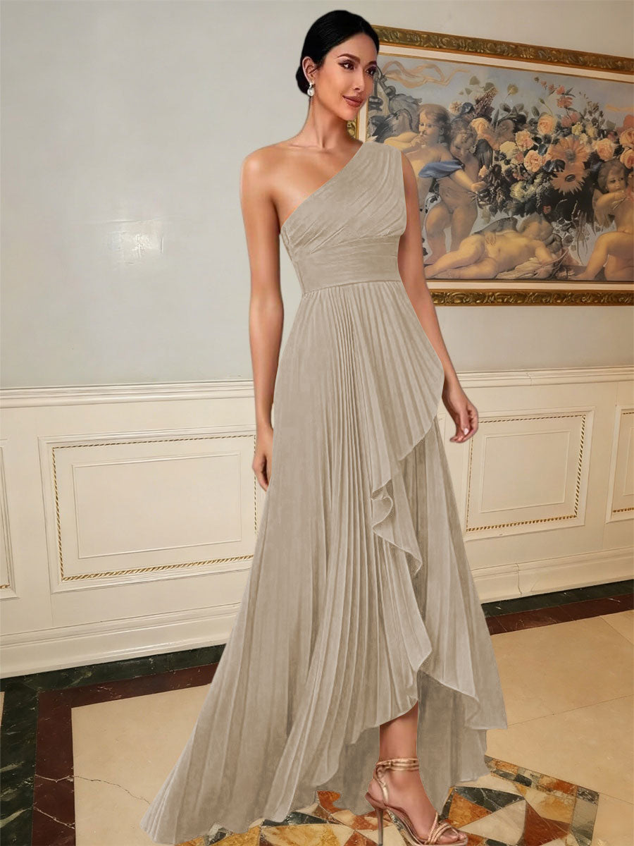 A-Line/Princess One Shoulder Pleated Satin Floor-Length Formal Dresses with Ruffle