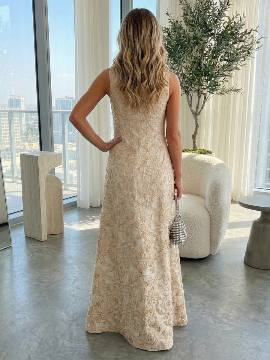 A-Line 3D Floral Appliques Jacquard High Neck Formal Dresses for Women