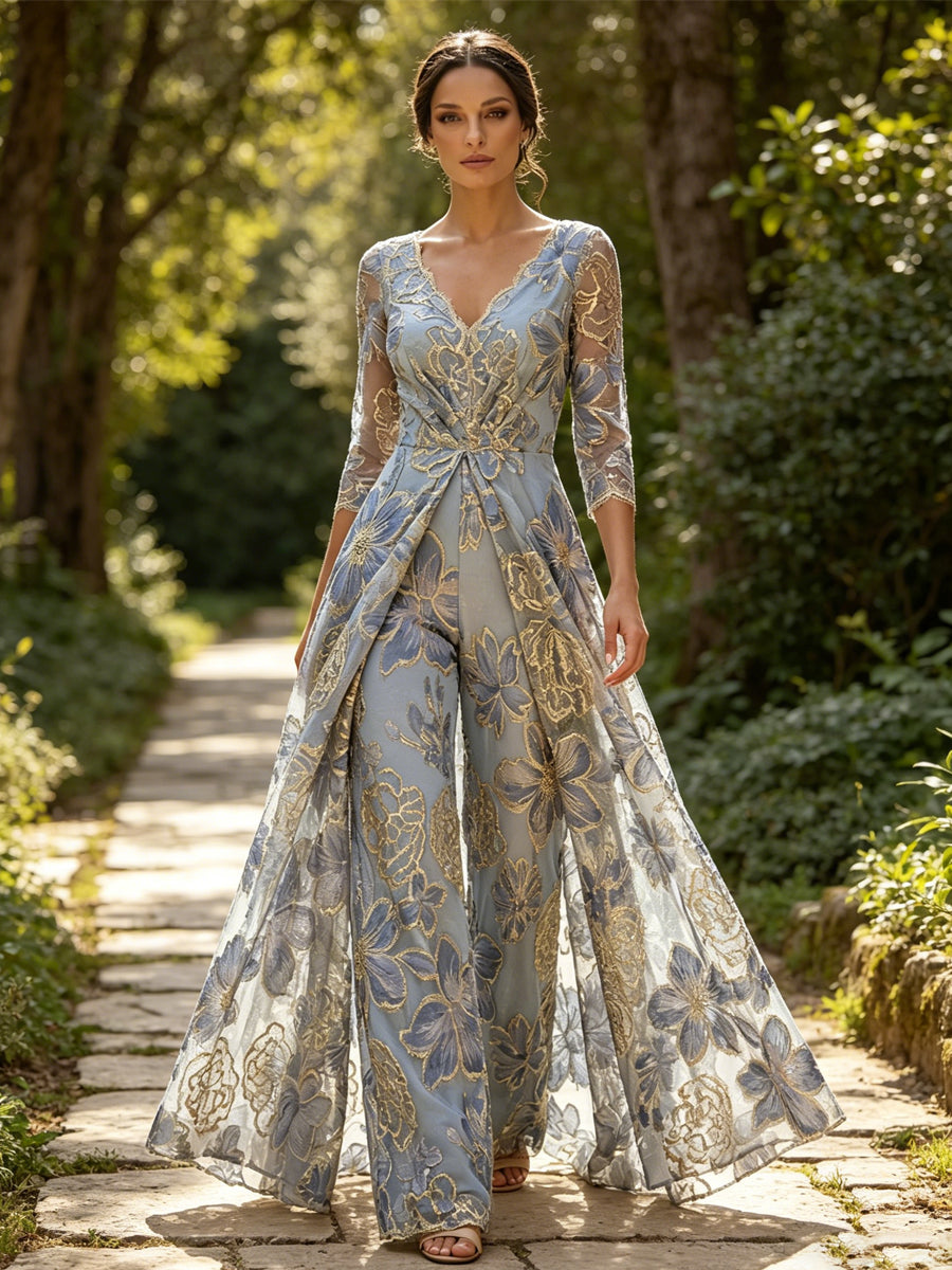 Floral Jacquard 3/4 Sleeves V-Neck Mother of the Bride & Groom Jumpsuit with Ruched Waist