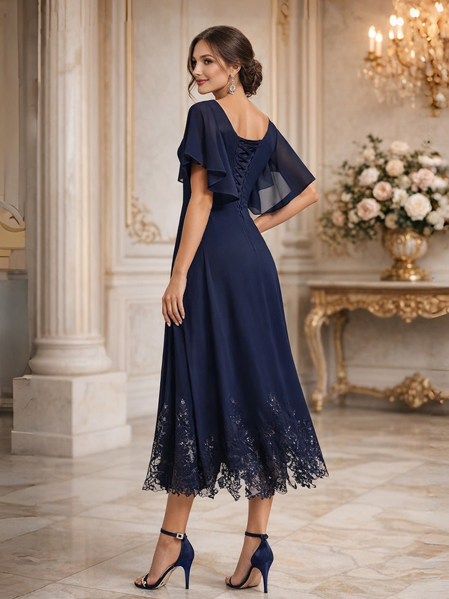 A-Line/Princess V-Neck Flying Sleeves Tea-Length Mother of the Bride Dresses with Lace Appliques