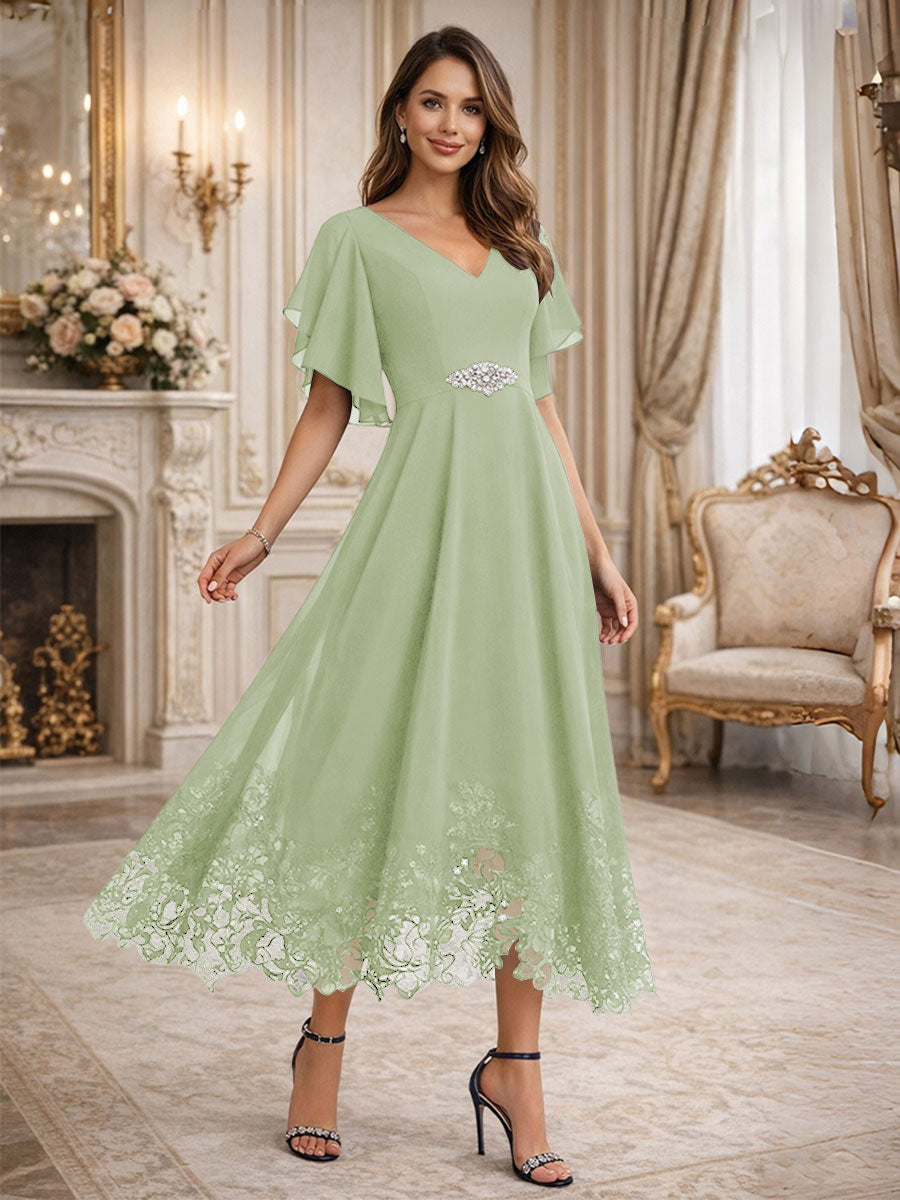 A-Line/Princess V-Neck Flying Sleeves Tea-Length Mother of the Bride Dresses with Lace Appliques