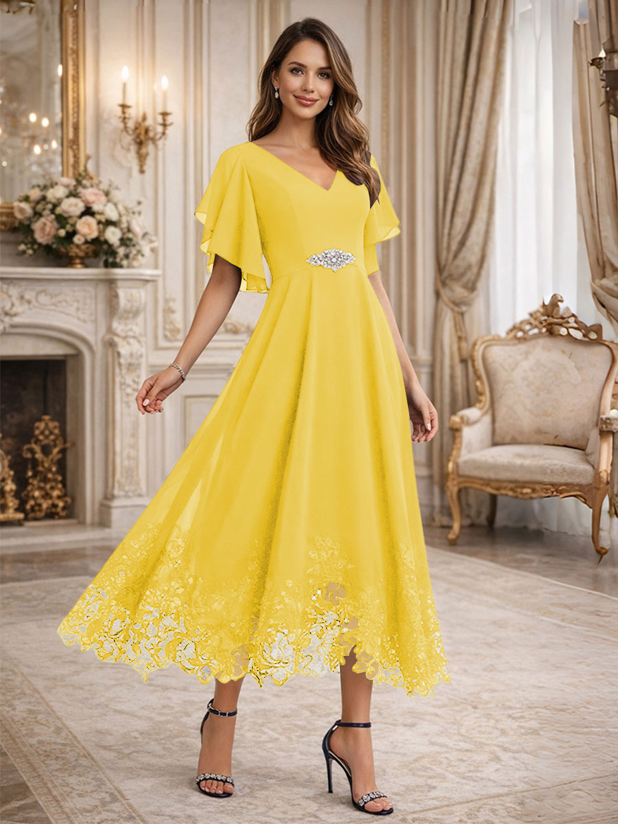 A-Line/Princess V-Neck Flying Sleeves Tea-Length Mother of the Bride Dresses with Lace Appliques
