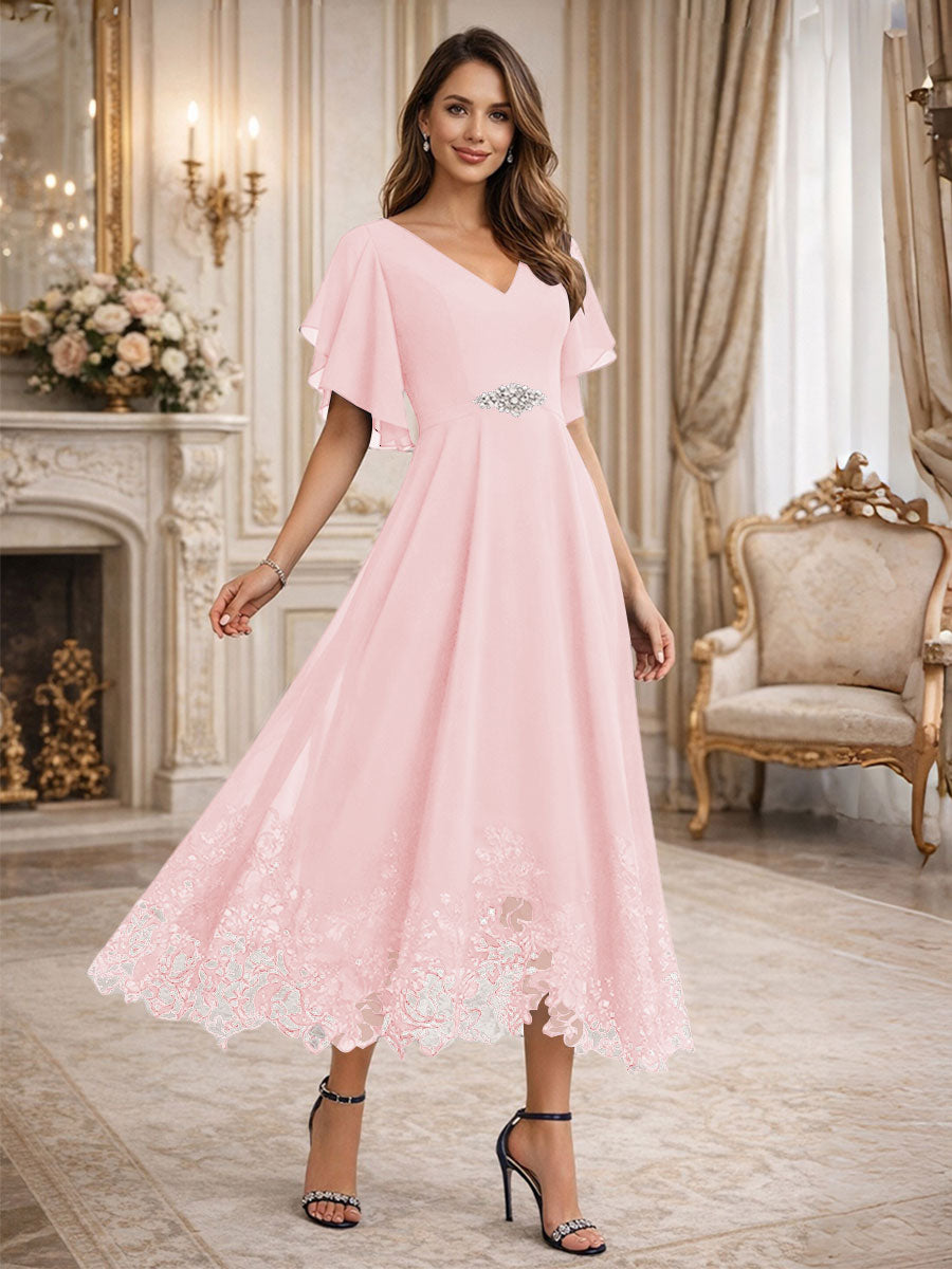 A-Line/Princess V-Neck Flying Sleeves Tea-Length Mother of the Bride Dresses with Lace Appliques