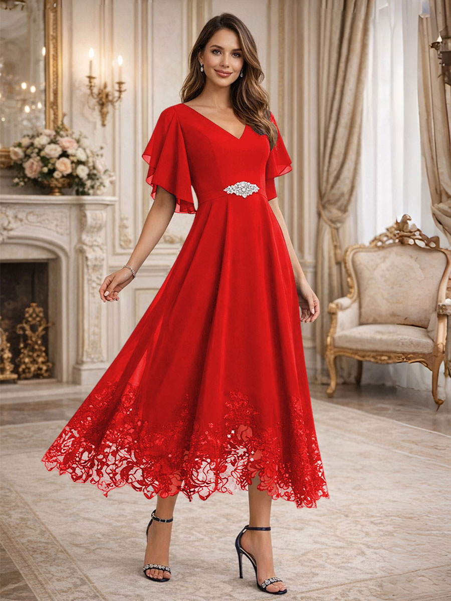 A-Line/Princess V-Neck Flying Sleeves Tea-Length Mother of the Bride Dresses with Lace Appliques
