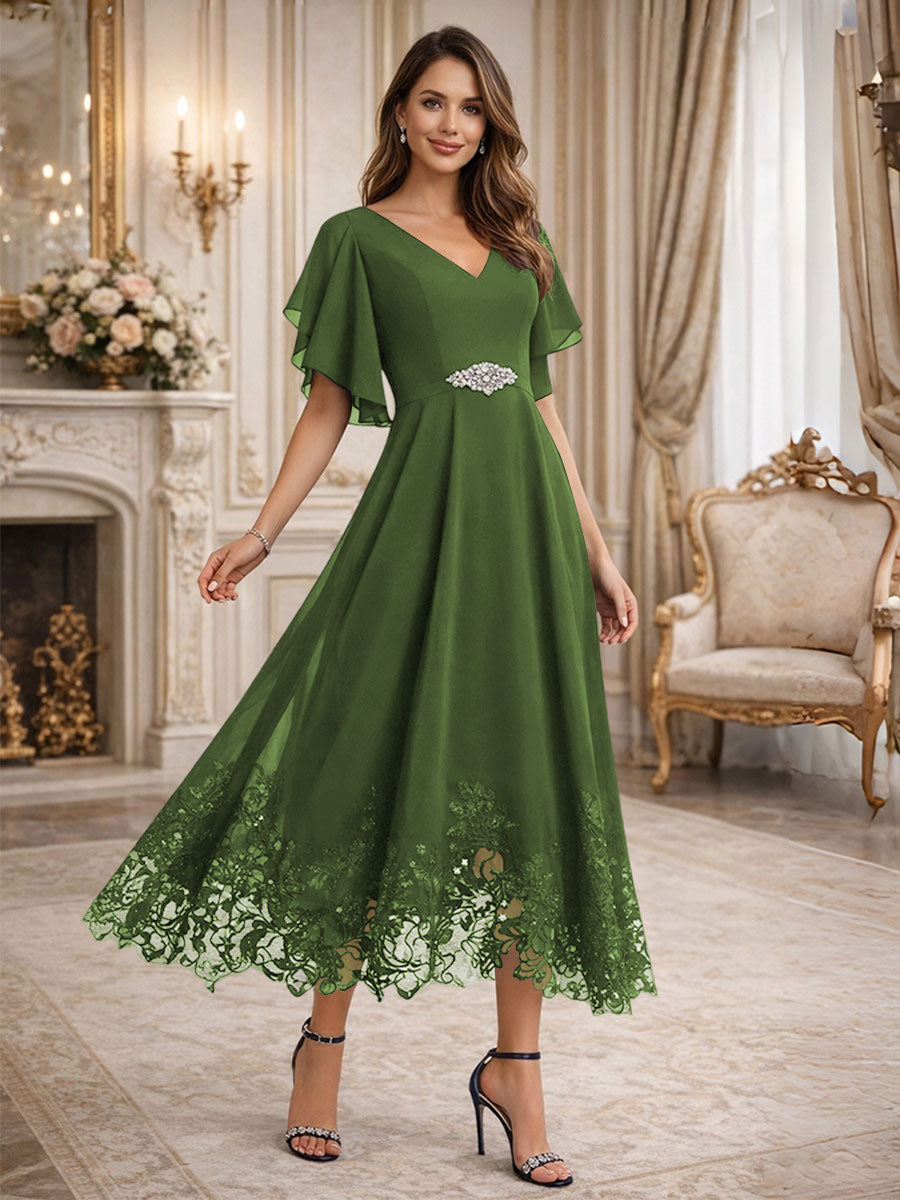 A-Line/Princess V-Neck Flying Sleeves Tea-Length Mother of the Bride Dresses with Lace Appliques