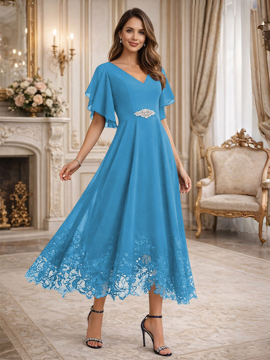A-Line/Princess V-Neck Flying Sleeves Tea-Length Mother of the Bride Dresses with Lace Appliques