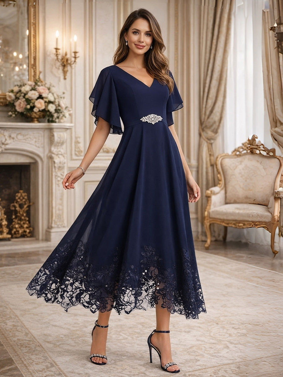 A-Line/Princess V-Neck Flying Sleeves Tea-Length Mother of the Bride Dresses with Lace Appliques