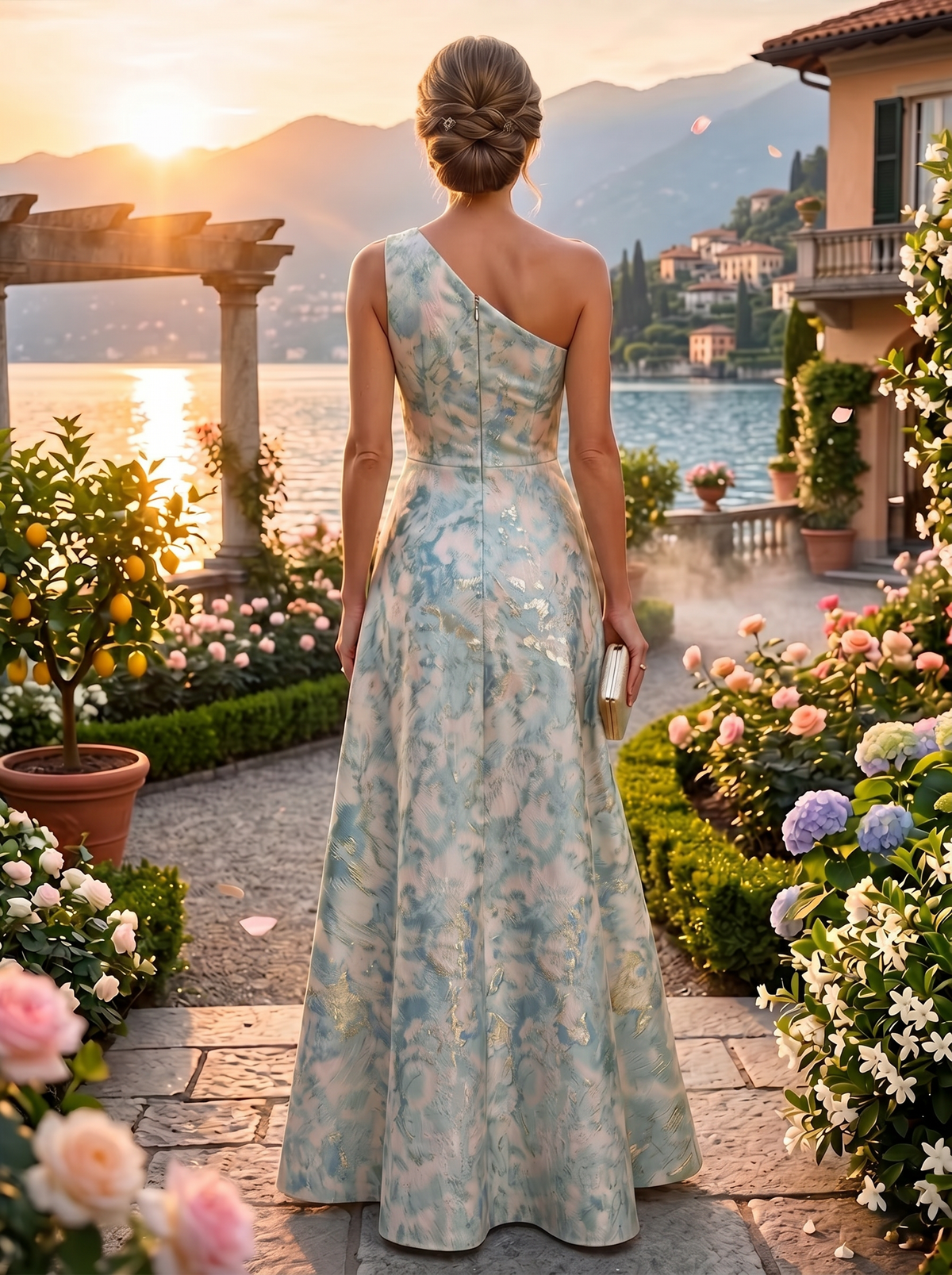 Floral Print A-Line/Princess One Shoulder Floor-Length Evening Dresses with Ruffles