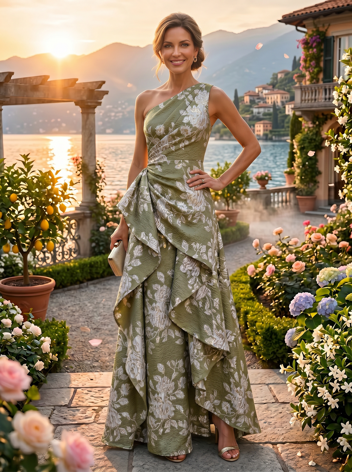 Floral Print A-Line/Princess One Shoulder Floor-Length Evening Dresses with Ruffles