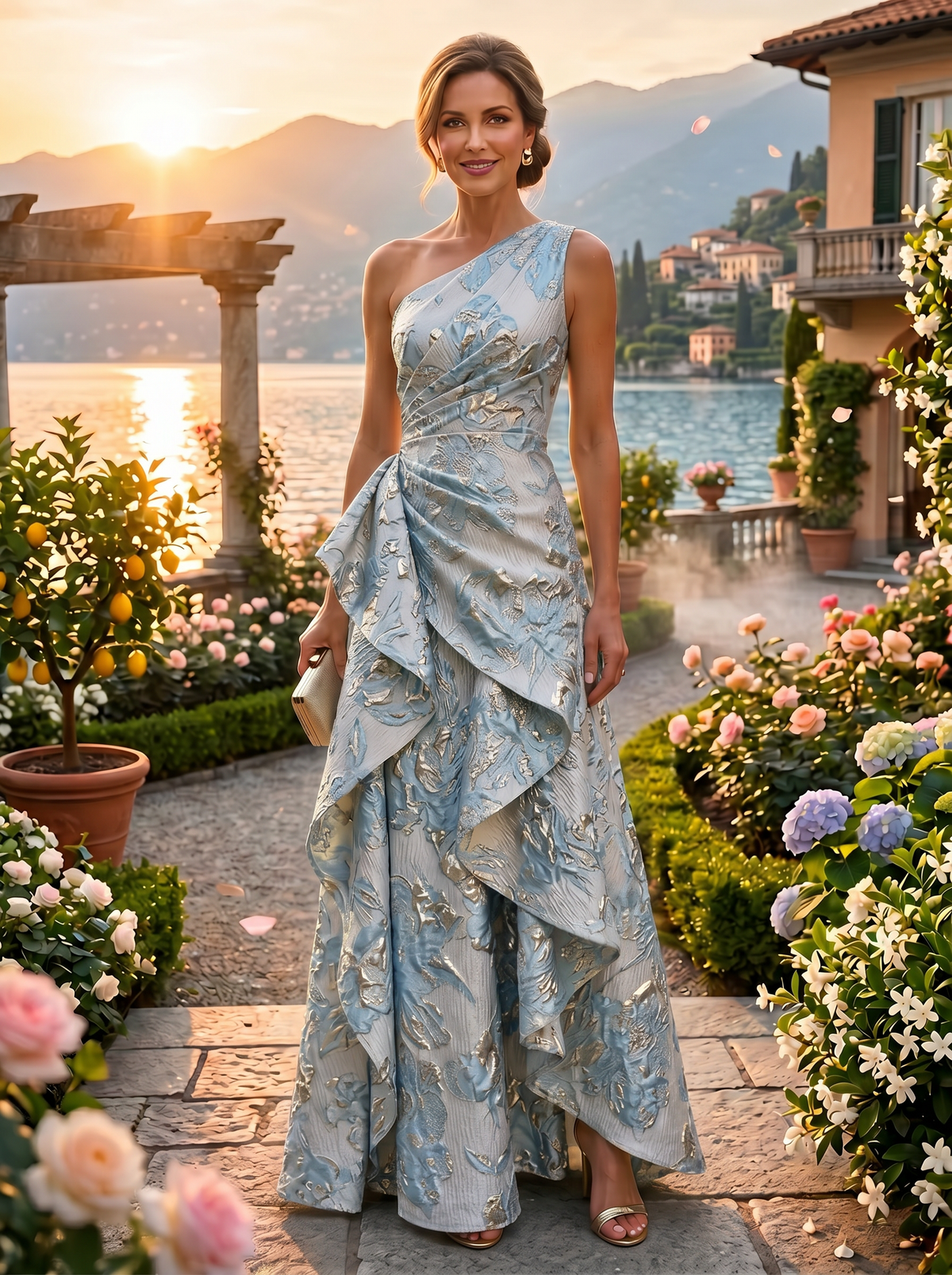 Floral Print A-Line/Princess One Shoulder Floor-Length Evening Dresses with Ruffles