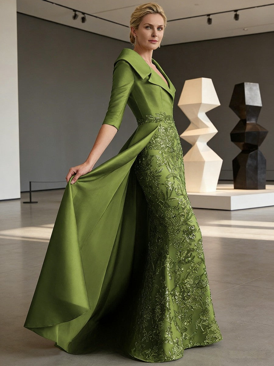 Sheath V Neck 3/4 Sleeve Sequined Mother of the Bride Dresses with Appliques