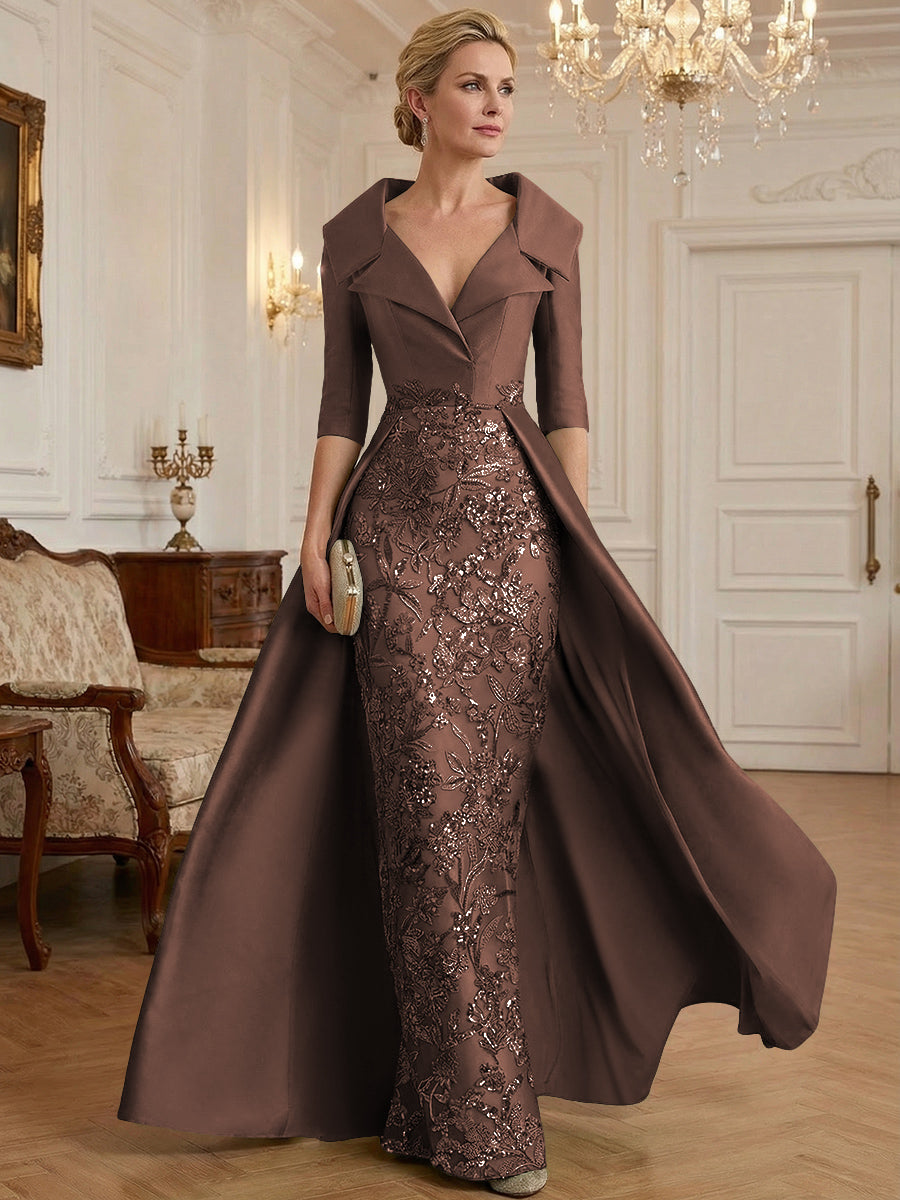 Sheath V Neck 3/4 Sleeve Sequined Mother of the Bride Dresses with Appliques