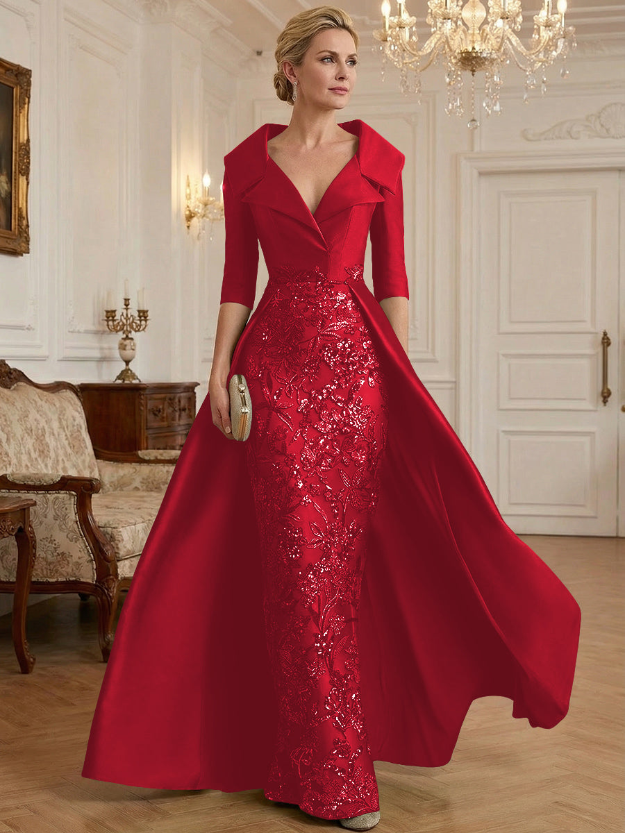 Sheath V Neck 3/4 Sleeve Sequined Mother of the Bride Dresses with Appliques