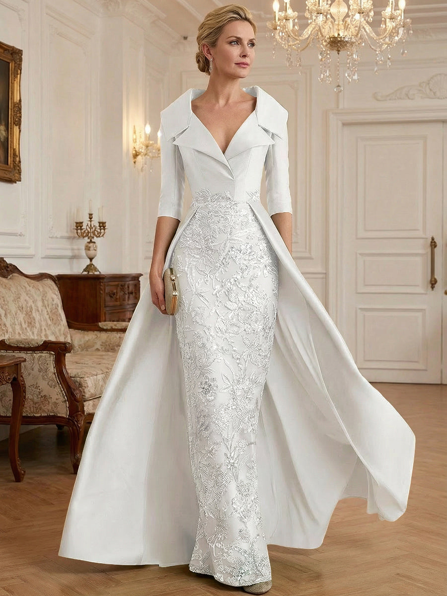 Sheath V Neck 3/4 Sleeve Sequined Mother of the Bride Dresses with Appliques