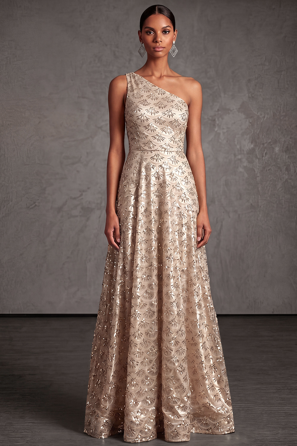 Champagne Formal Evening Dress One Shoulder Satin Maxi Dress with Sequin