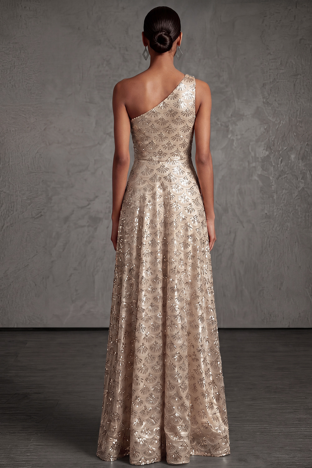 Champagne Formal Evening Dress One Shoulder Satin Maxi Dress with Sequin