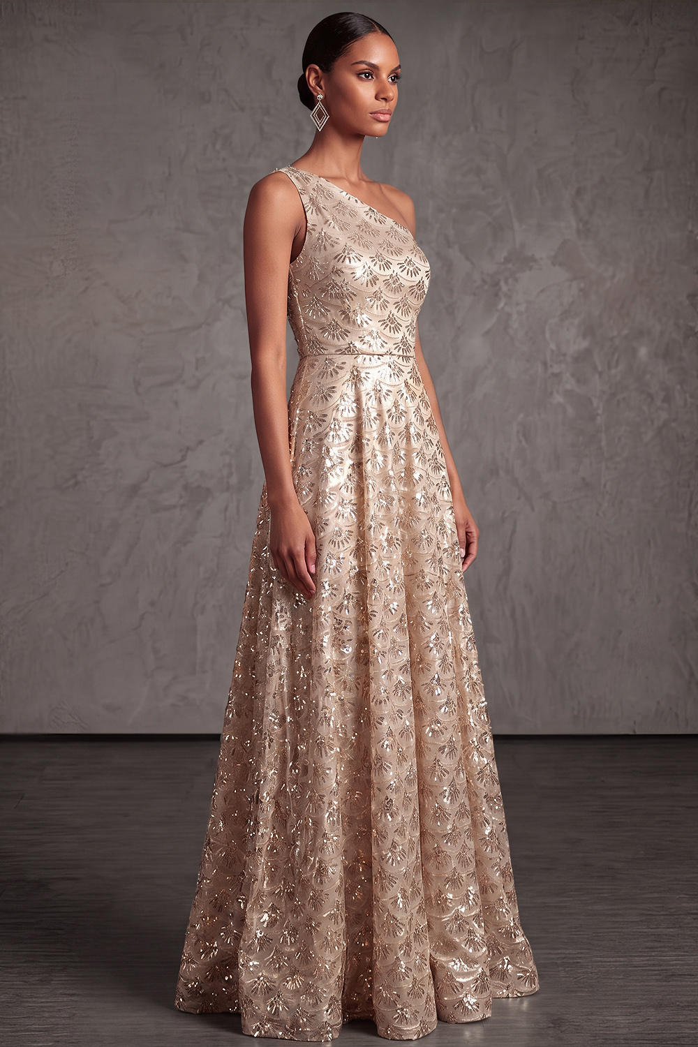 Champagne Formal Evening Dress One Shoulder Satin Maxi Dress with Sequin
