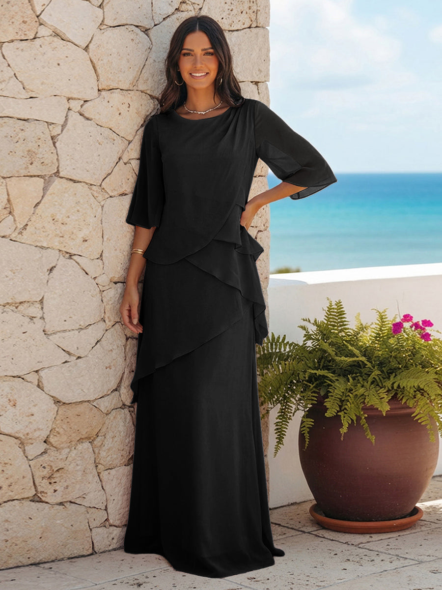 A Line Scoop Half Sleeves Simple Mother of the Bride Dresses with Ruffles