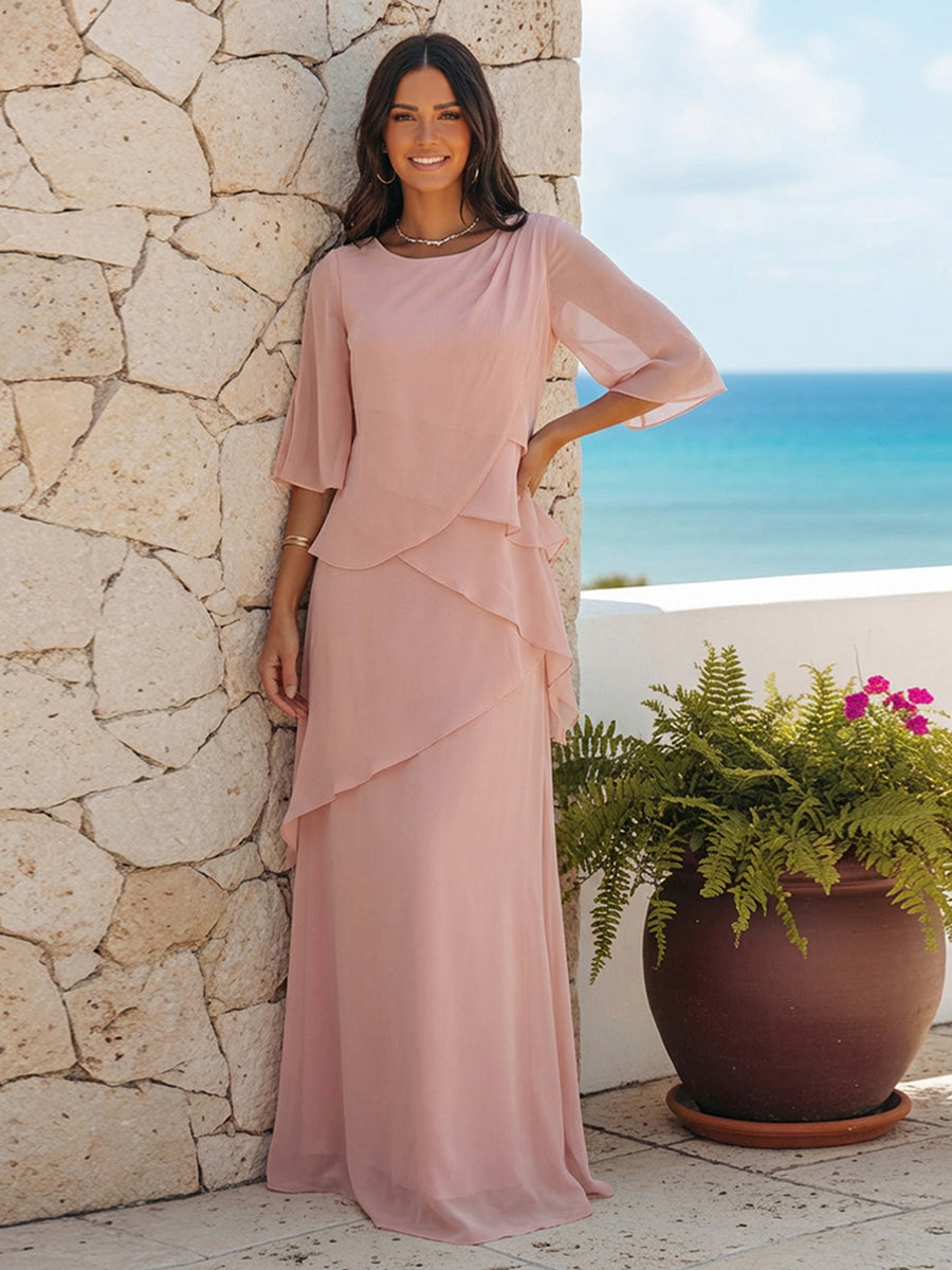 A Line Scoop Half Sleeves Simple Mother of the Bride Dresses with Ruffles