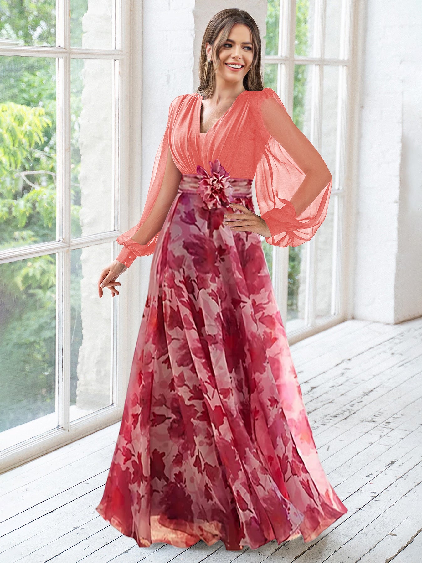 Blue-Grey Chiffon Printed V-Neck Fitted Waist Maxi Dress