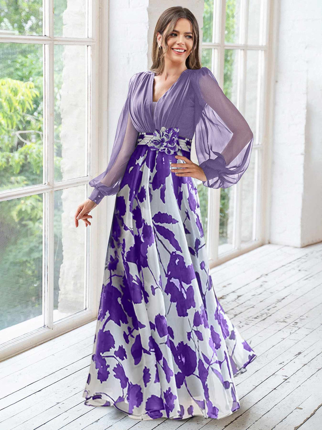 Blue-Grey Chiffon Printed V-Neck Fitted Waist Maxi Dress